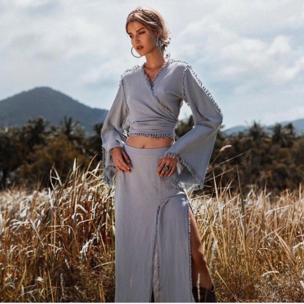 AYA Sacred Wear Sky Blue Wrap Kimono Top & Maxi Organic Skirt XS NWT